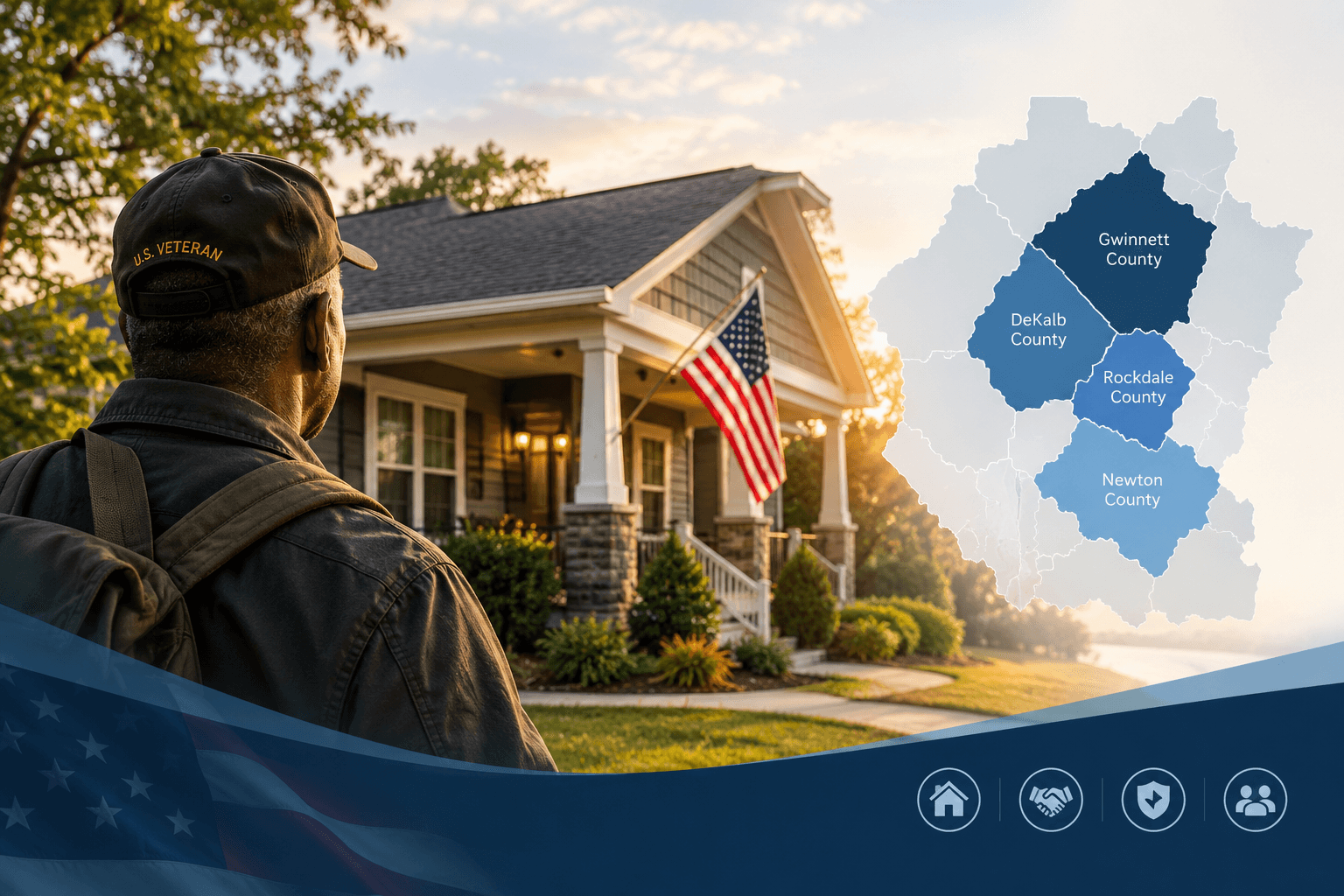U.S. Veteran looking toward a home with a map of Gwinnett, DeKalb, Rockdale, and Newton counties in Georgia